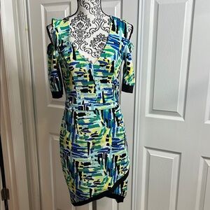 Marilyn Monroe Asymmetrical Dress in Blue Yellow‎ Cold Shoulder M